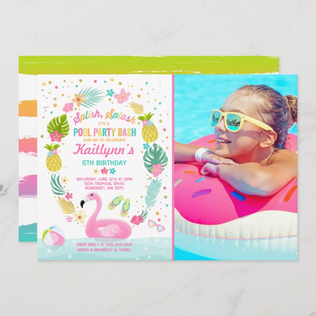 Pool Party Birthday Invitation Tropical Flamingo (Front/Back)