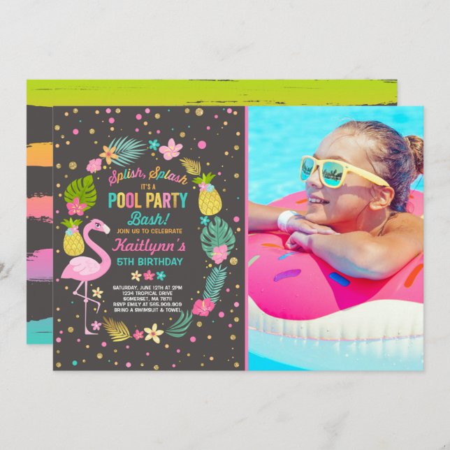 Pool Party Birthday Invitation Tropical Flamingo (Front/Back)