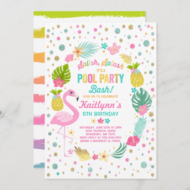 Pool Party Birthday Invitation Tropical Flamingo (Front/Back)