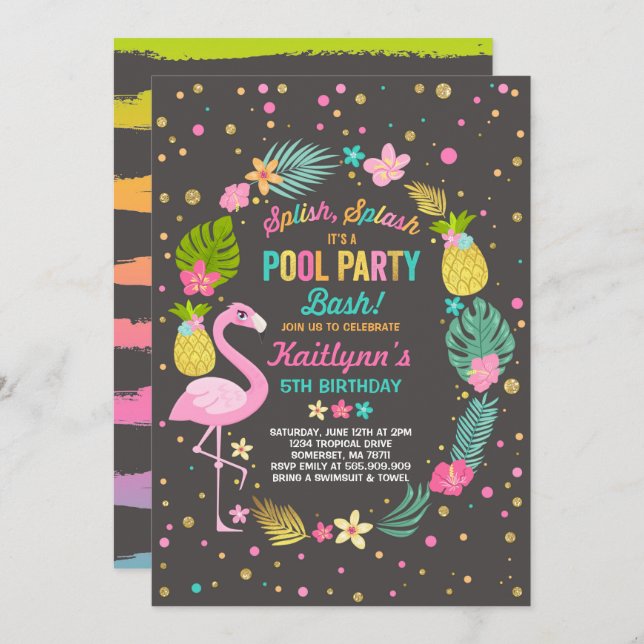 Pool Party Birthday Invitation Tropical Flamingo (Front/Back)