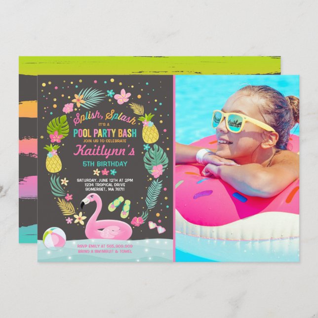 Pool Party Birthday Invitation Tropical Flamingo (Front/Back)