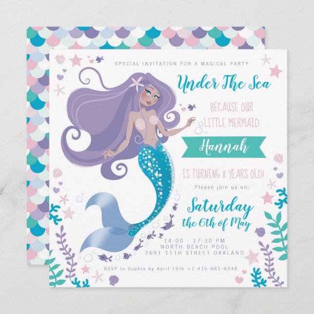Pool Party Birthday Mermaid Invitation Girl (Front/Back)