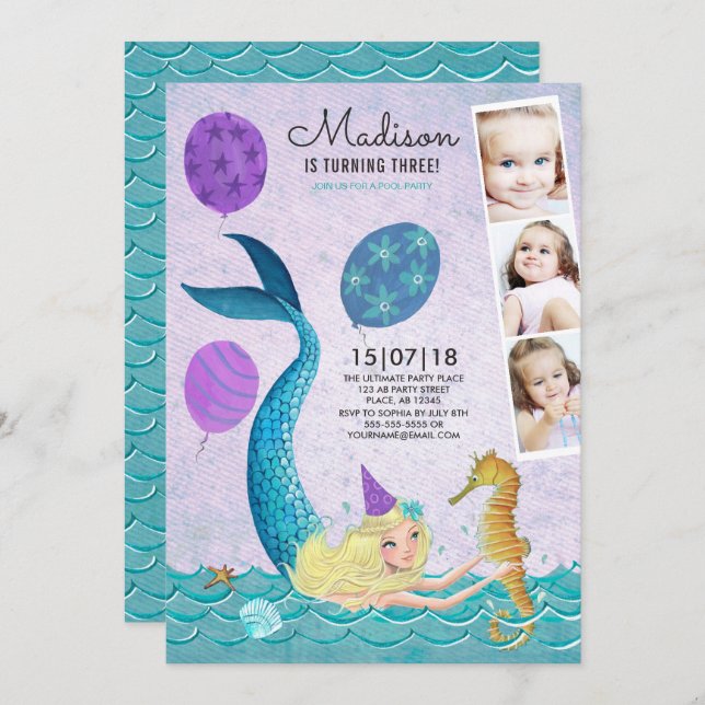 Pool Party Birthday | Mermaid | Invitations (Front/Back)
