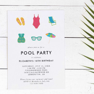 Pool Party Birthday Minimal Simple Colourful Cute Invitation