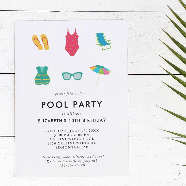 Pool Party Birthday Minimal Simple Colourful Cute Invitation (Creator Uploaded)