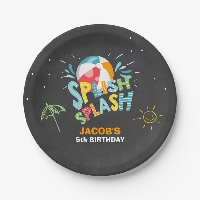 Pool party Birthday Paper Plates Ball Boy Splish (Front)