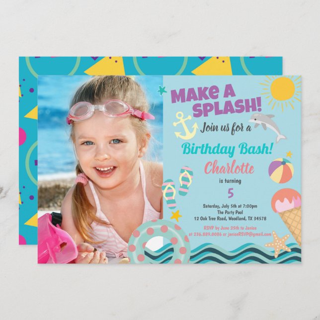 Pool party birthday photo  invitation for girl (Front/Back)