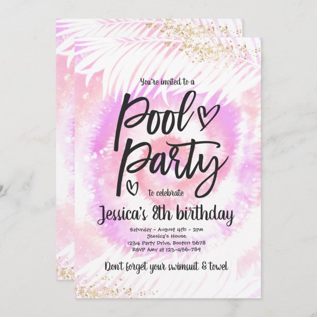 Pool Party Birthday Pink Tie Dye Pool Party Invitation (Front/Back)