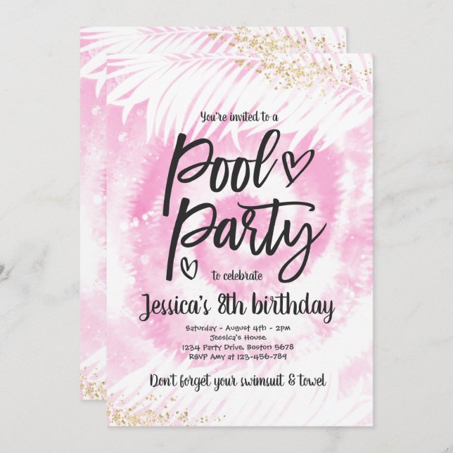 Pool Party Birthday Pink Tie Dye Pool Party Invitation (Front/Back)