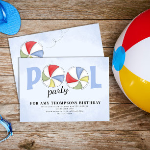 Pool Party Birthday Summer Trendy Beach Balls Invitation