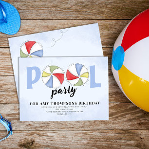 Pool Party Birthday Summer Trendy Beach Balls Invitation