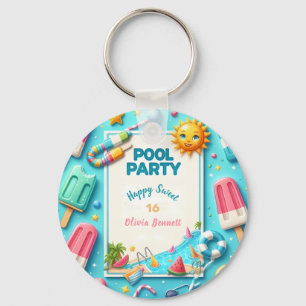 Pool Party Birthday Sweet Sixteen Summer Swim Key Ring