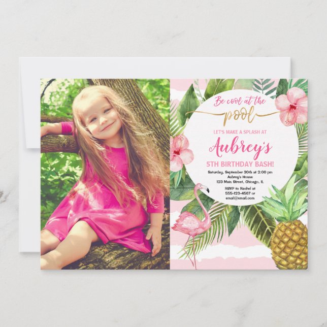 Pool party birthday, tropical pink and gold photo invitation (Front)