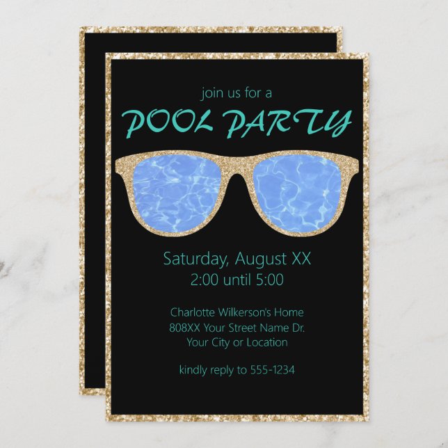 Pool Party Black and Gold Glitter Sunglasses Invitation (Front/Back)