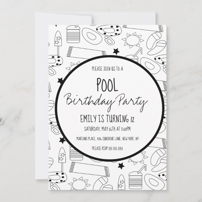 Pool Party Black White Colour Pattern Invitation (Front)