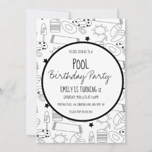 Pool Party Black White Colour Pattern Invitation