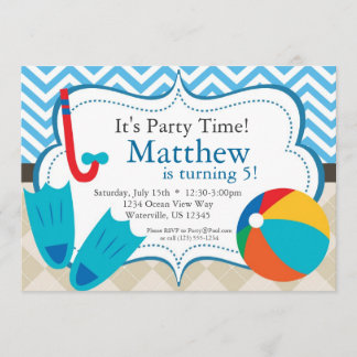 Pool Party Blue Chevron and Tan Argyle Birthday Invitation