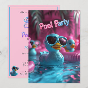 Pool Party Blue Rubber Duck Pink Blue Glitter Tex Invitation