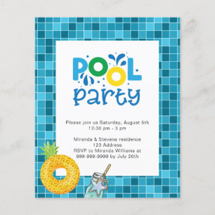 Pool party blue water budget invitation flyer
