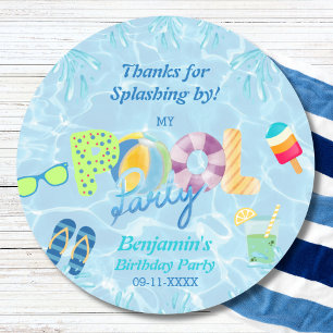 Pool Party Boy Birthday Favour Thank You  Classic Round Sticker