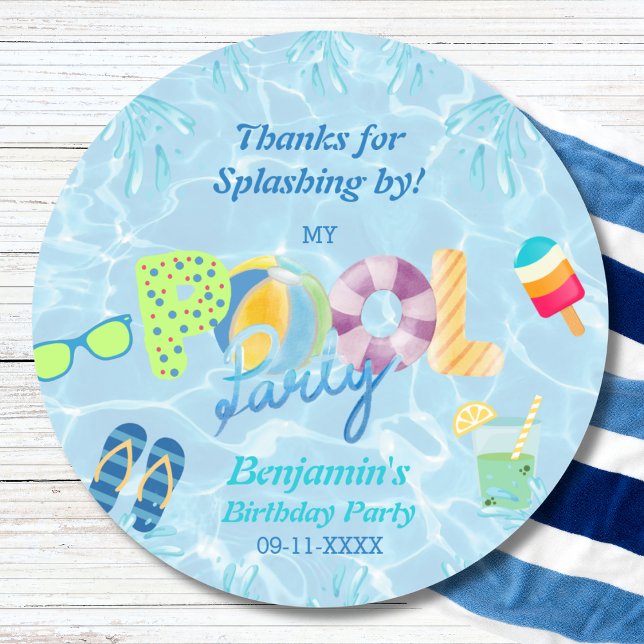 Pool Party Boy Birthday Favour Thank You  Classic Round Sticker (Creator Uploaded)