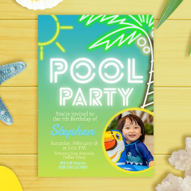 Pool Party Boy Birthday with Photo Invitation (Pool Party Boy Birthday with Photo Picture Invitation)