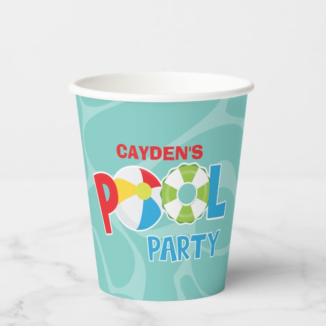 Pool Party Boy red blue Birthday Paper Cups (Front)