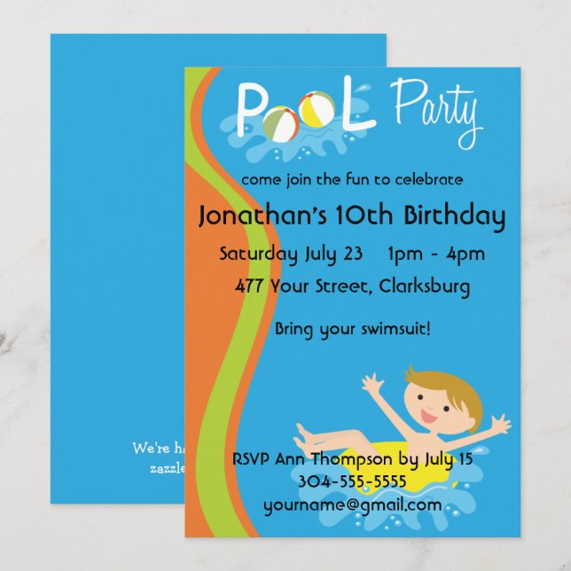 Pool Party Boy Redhead Invitation (Front/Back)