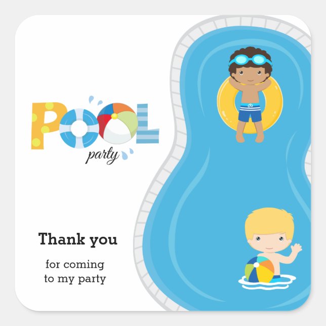Pool party boy square sticker (Front)