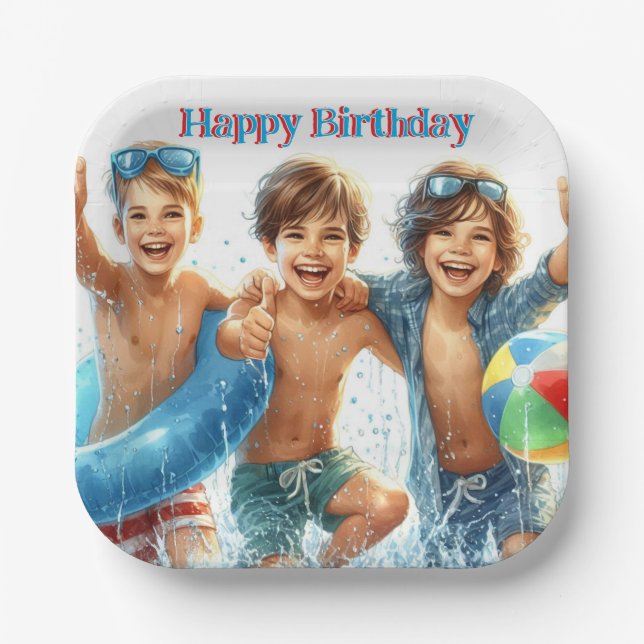 Pool Party Boys Birthday Paper Plate (Front)
