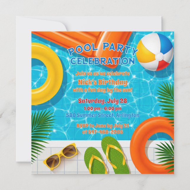 Pool Party Celebration Summer Birthday Invitation (Front)