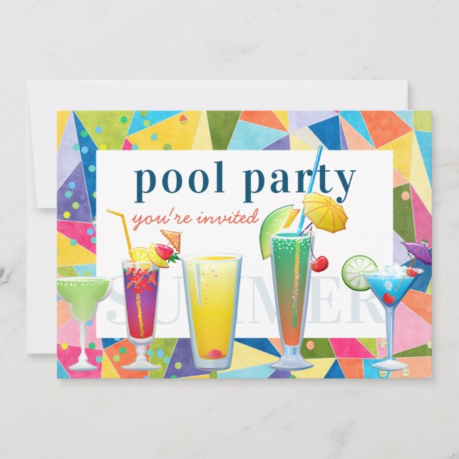 Pool Party Colourful Rainbow Summer Drinks Fun Invitation (Front)