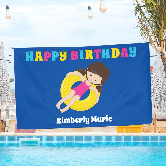 Pool Party Custom Swimming Girl Happy Birthday Banner (Creator Uploaded)