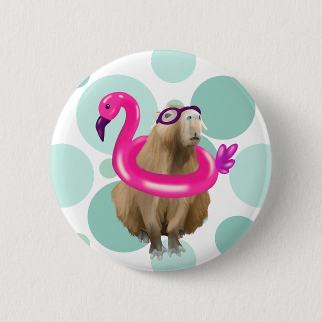 Pool Party Cute Capybara With Pink Flamingo Float 6 Cm Round Badge (Front)