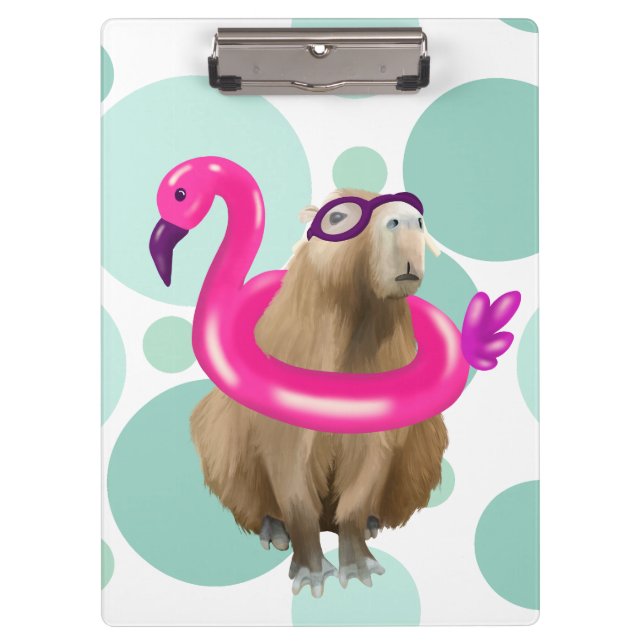 Pool Party Cute Capybara With Pink Flamingo Float Clipboard (Front)