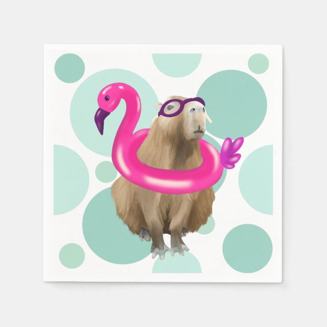 Pool Party Cute Capybara With Pink Flamingo Float Napkin (Front)