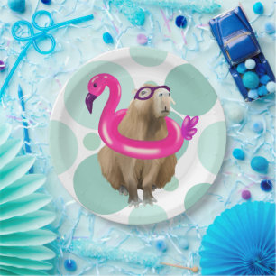 Pool Party Cute Capybara With Pink Flamingo Float Paper Plate
