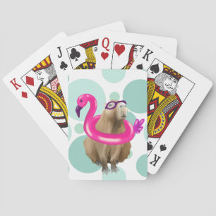 Pool Party Cute Capybara With Pink Flamingo Float Playing Cards