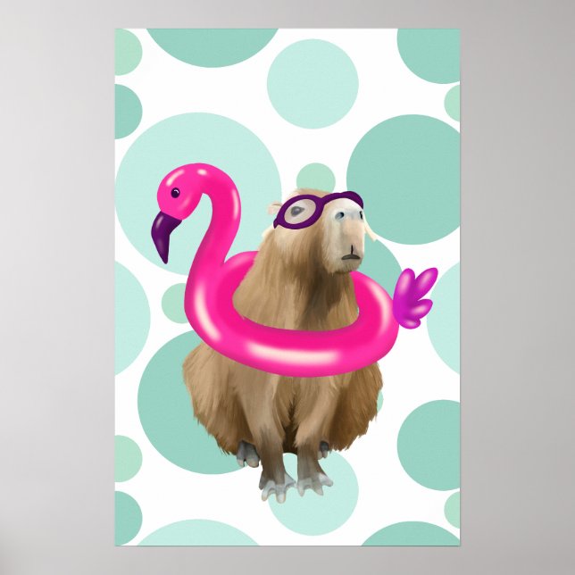 Pool Party Cute Capybara With Pink Flamingo Float Poster (Front)