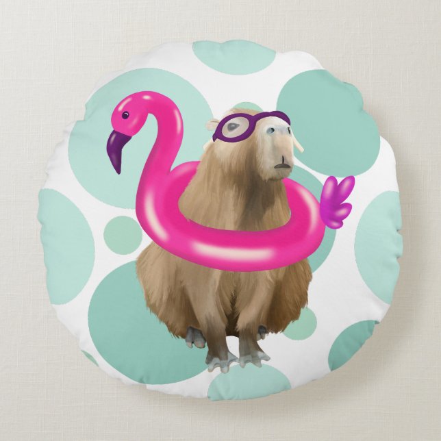 Pool Party Cute Capybara With Pink Flamingo Float Round Cushion (Front)