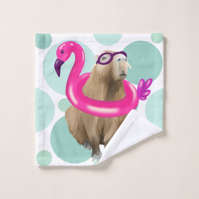 Pool Party Cute Capybara With Pink Flamingo Float Wash Cloth (Wash Cloth)