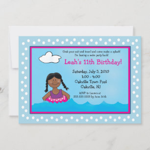 POOL Party Dark Skin Girl 5x7 Birthday Invitations