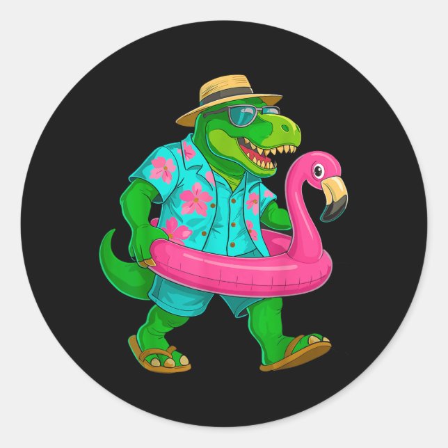 Pool Party Dinosaur Pink Flamingo Float Funny T Classic Round Sticker (Front)