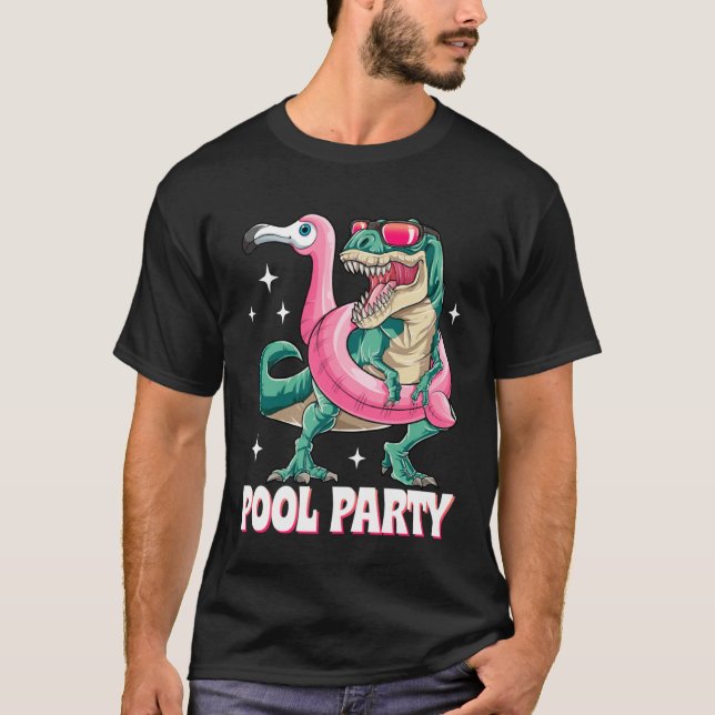 Pool Party Dinosaur Pink Flamingo Float  rex s T-Shirt (Front)
