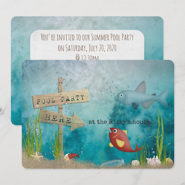 Pool Party-fish in ocean with wooden sign Invitation (Front/Back)