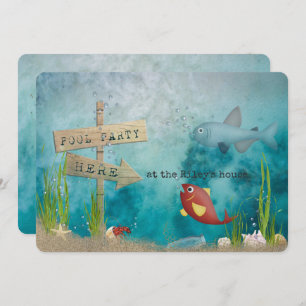Pool Party-fish in ocean with wooden sign Invitation