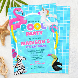 Pool Party Flamingo Unicorn Float Girl Birthday Invitation