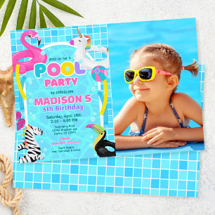 Pool Party Flamingo Unicorn Float Photo Birthday Invitation