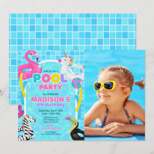Pool Party Flamingo Unicorn Float Photo Birthday  Invitation
