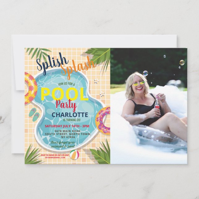 Pool Party Floats Summer Birthday Photo Invite (Front)
